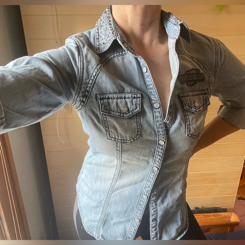 Women's Harley Davidson Distressed Studded Snapper Denim Shirt - Picture 1 of 8
